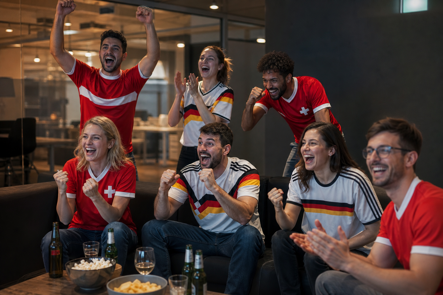 Colleagues Watching Soccer Game in Swiss German Austrian Jerseys