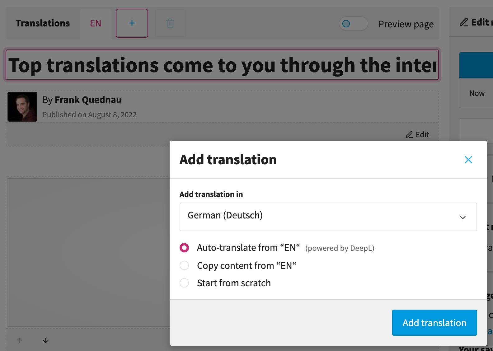 Editors can now auto-translate their content