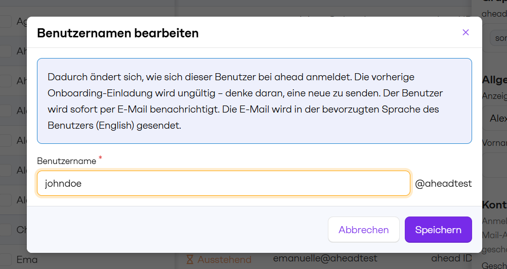 Benutzername und E-Mail-Adressen von ahead ID Benutzern bearbeiten