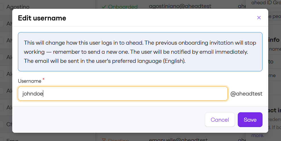 Edit usernames and email addresses for ahead ID users